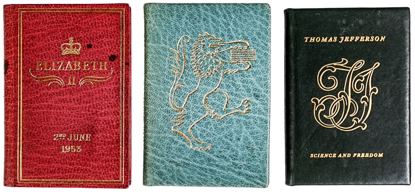 Achille J. St. Onge Published (3) Miniature Books: Includes: The Addresses of Queen Elizabeth II 1977; The Coronation of Queen Elizabeth II 1953; Thomas Jefferson 1964. Lot measures 3.5 in. H x 3.5 in. W x 1.5 in. D for shipping purposes only. The abs