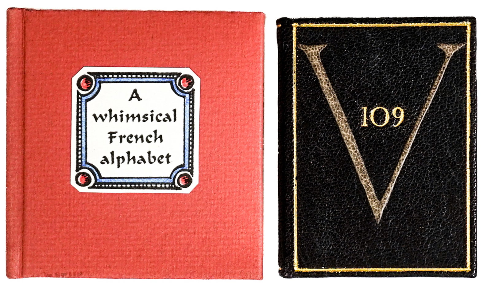 Miniature (2) Limited Edition Books S/N: 1) A Whimsical French Alphabet 1983 Figment Press. Numbered 14 of 50 copies and signed by illustrator Dianne Weiss. 2) V-109 by Henry Morris 1978 Anne and David Bromer. Numbered 6 of 150 copies and au