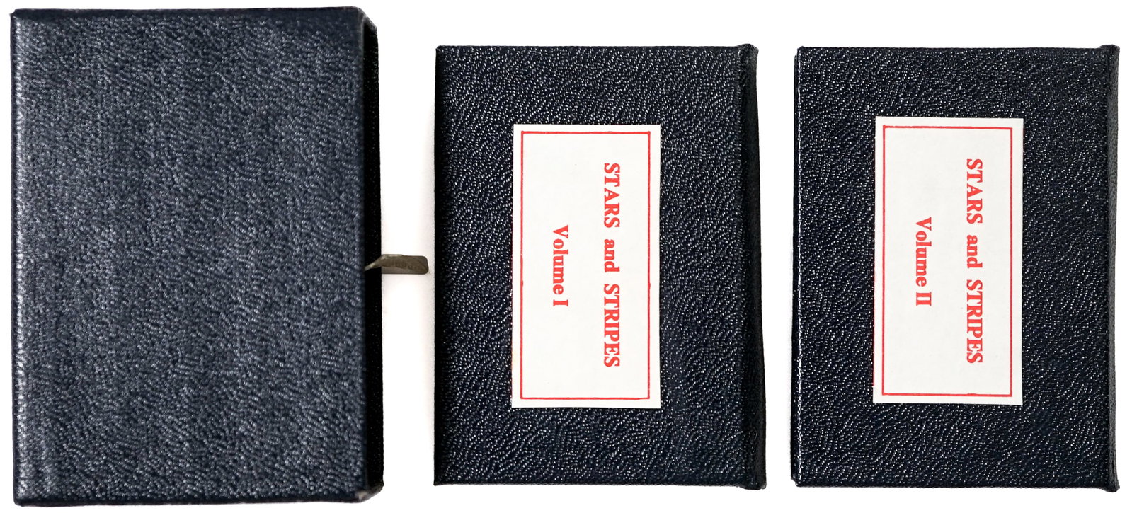 Stars and Stripes (2V) Miniature Books #59/500: Two (2) volume set of Stars and Stripes miniature books each numbered 59 of 500 copies. In Commemoration of the 200th Anniversary of the Flag Resolution, June 14, 1777. Lot measures 3 in. H x 2 in. W 