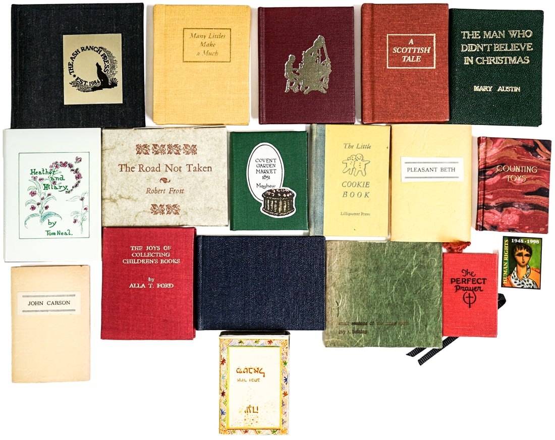 Miniature (18) Assorted Topic Books: Eighteen (18) miniature books. Titles include: Many Littles Make a Much; A Scottish Tale; Covent Garden Market; The Road Not Taken; The Little Cookie Book; The Man Who Didn't Believe in Christmas; and