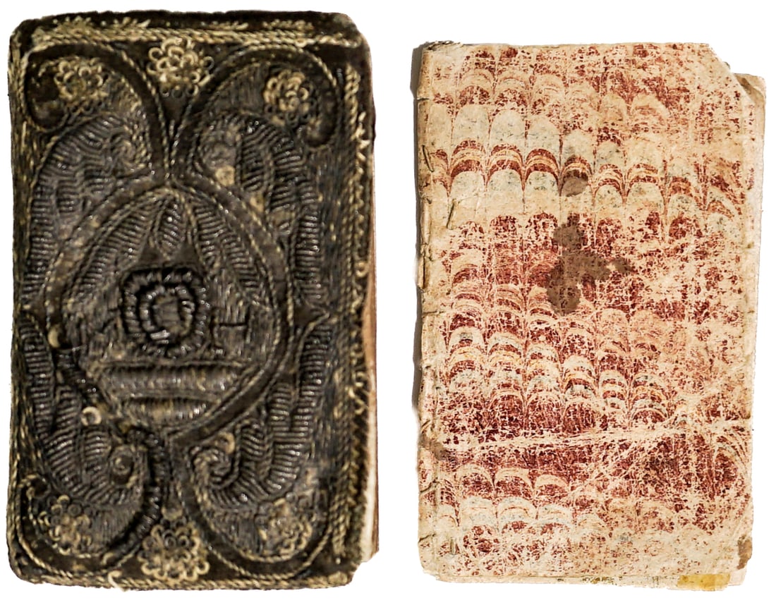 1641 Whole Book of Psalms Miniature Prayer Book: The Whole Book of Psalms Collected into English Meeter, by Thomas Sternhold, John Hopkins and others, London. Imprinted for the Company of Stationers. 1631. Embroidered covers with beaded and sequin d