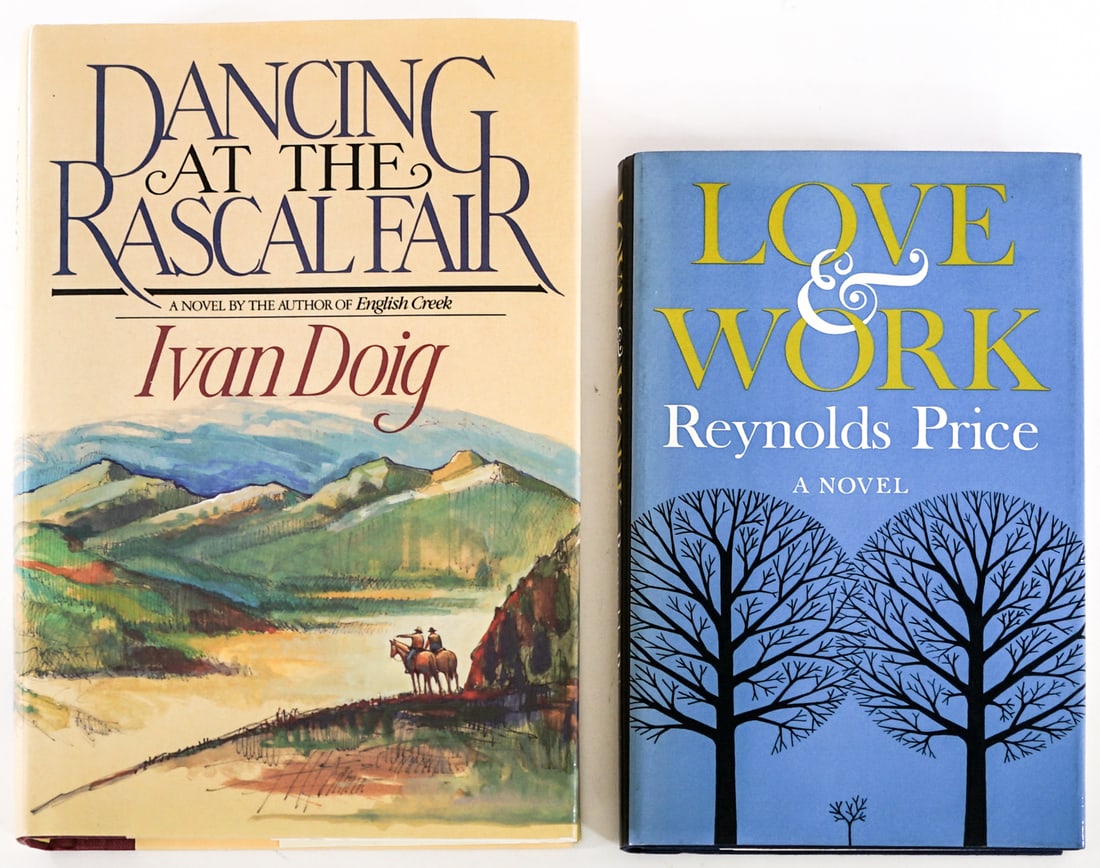 Author SIGNED (2) Novels: 1) Ivan Doig - Dancing at the Pascal Fair by Ivan Doig 1987 with unclipped dust jacket. 2) Reynolds Price - Love and Work 1968 with unclipped dust jacket. Lot measures 9.5 in. H x 6.5 in. W x 2.5 in. 
