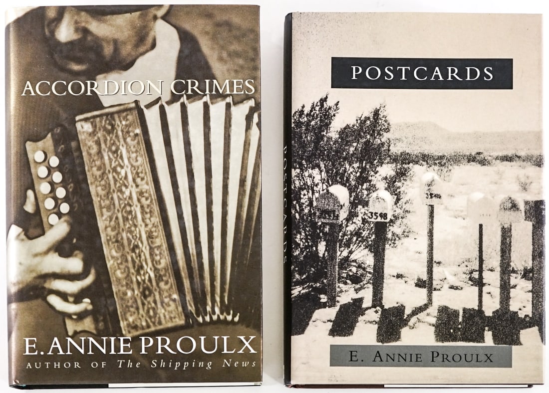 E. Annie Proulx (2) SIGNED Novels 1ST UK: Two (2) novels published by Fourth Estate, London include: Accordion Crimes 1996 1st with unclipped dust jacket; Postcards 1993 1st with unclipped dust jacket. Lot measures 9.5 in. H x 6.5 in. W x 3 i