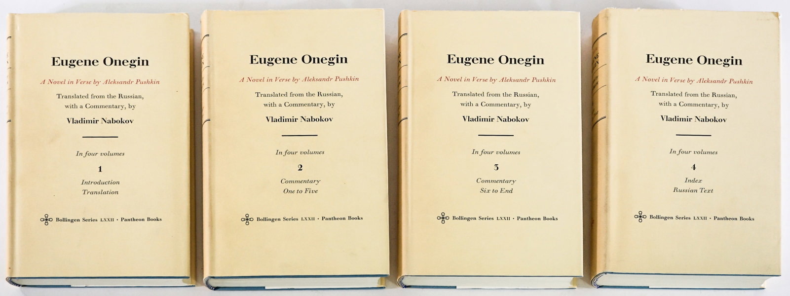 1964 Eugene Onegin Aleksandr Pushkin 4V Set: Eugene Onegin novel by Aleksandr Pushkin, Vladimir Nabokov, 1964, 4-vol set with slipcase. Lot measures 8.75 in. H x 5 in. W x 5.5 in. D for shipping purposes only. The absence of a condition report d