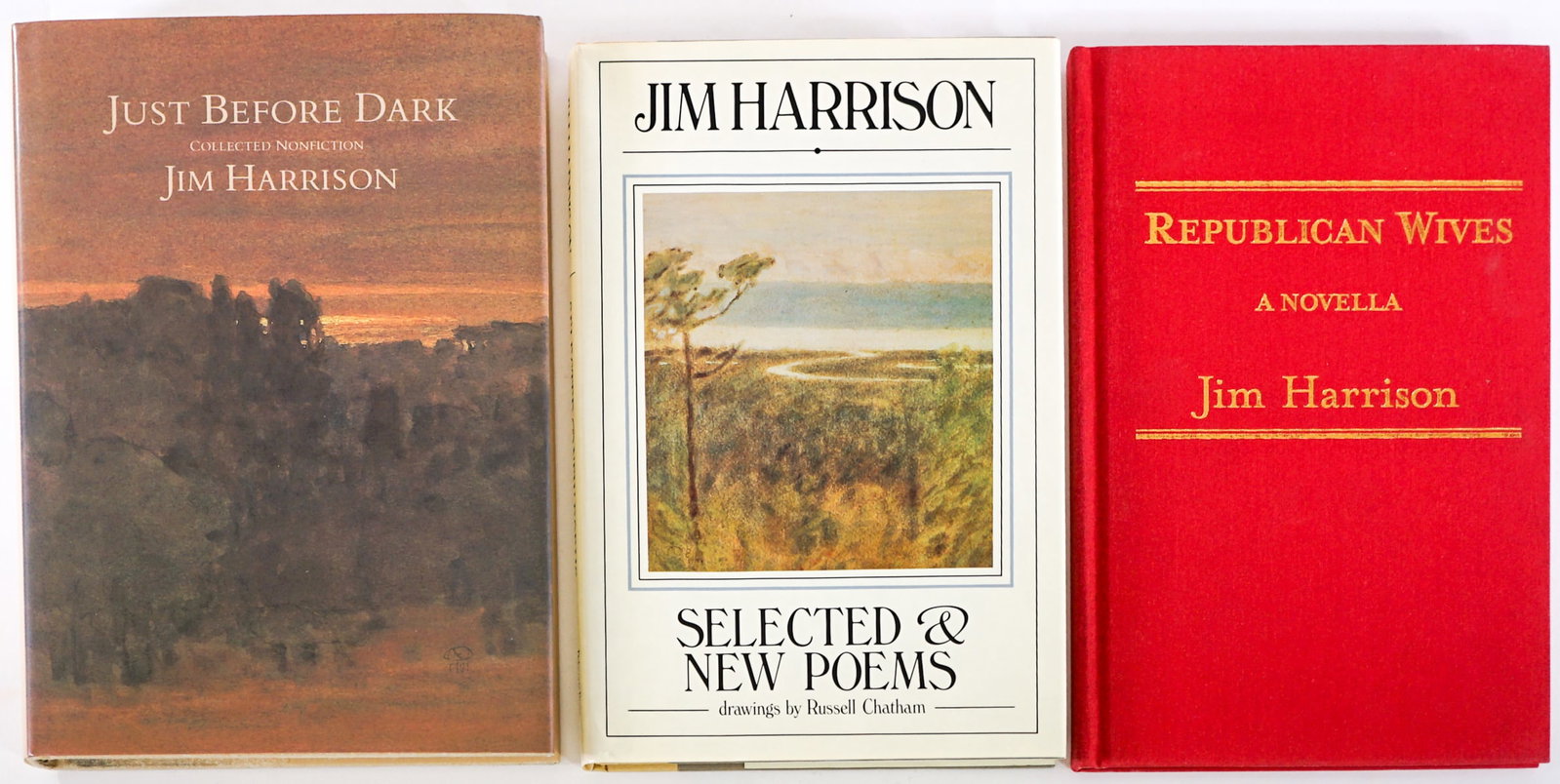 Jim Harrison (3) SIGNED Novels: Three (3) Jim Harrison signed novels include: 1) Selected and New Poems. Delcorte/Seymour 1982 1st printing with unclipped dust jacket. 2) Just Before Dark. Clark City Press 1991 1st ed. with unclippe