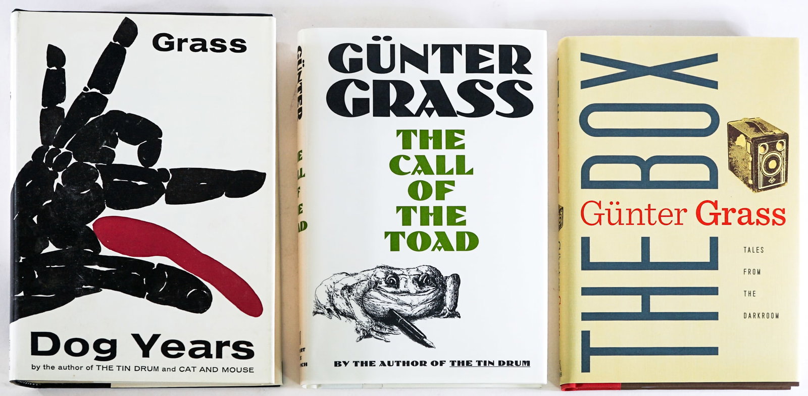 Gunter Grass (3) First Edition Novels: Three (3) 1st edition books all with unclipped dust jackets. Include: The Call of the Toad; The Box; Dog Years. Lot measures 8.5 in. H x 6 in. W x 3.5 in. D for shipping purposes only. The absence of 