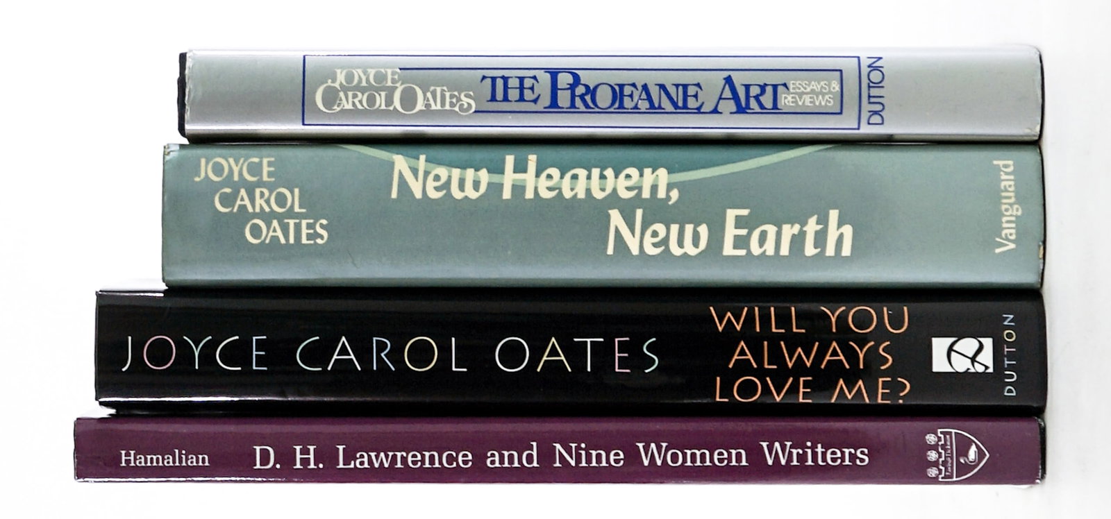 Joyce Carol Oates (4) Books [3 SIGNED]: 1) Three (3) Joyce Carol Oates books signed include: Will You Always Love Me? 1996 1st; New Heaven, New Earth 1974; The Profane Art 1983 1st. All with unclipped dust jackets. 2) D. H. Lawrence and Nin