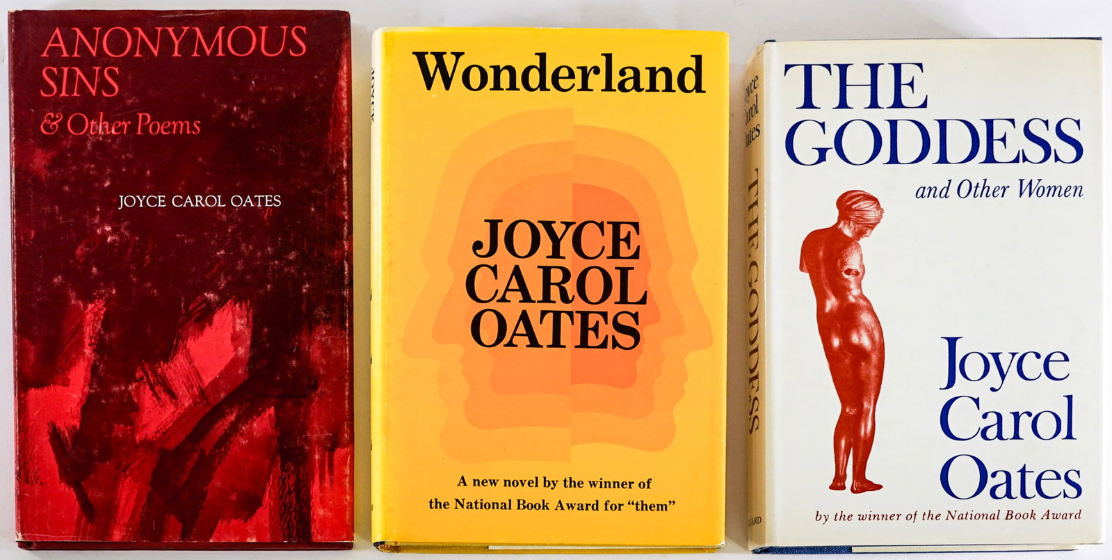 Joyce Carol Oates (3) SIGNED Books: Three (3) books by Joyce Carol Oates all signed and or inscribed include: Anonymous Sins and Other Poems; Wonderland; The Goddess and Other Women. Lot measures 9.25 in. H x 6 in. W x 3.25 in. D for sh