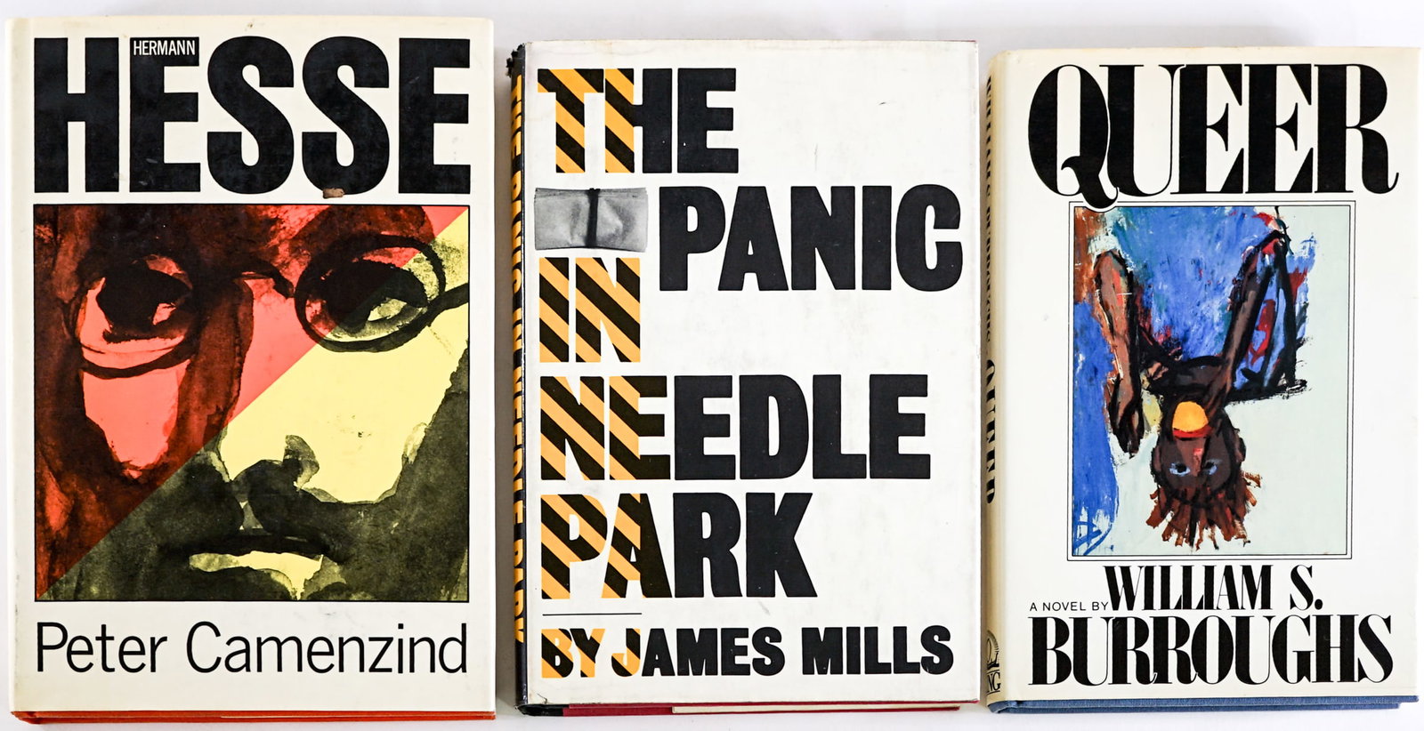First Edition (3) Books UNSIGNED: Three (3) first edition books include: The Panic in Needle Park by James Mills; Peter Camenzind by Hermann Hesse; Queer by William S. Burroughs. Lot measures 8.5 in. H x 6 in. W x 2.5 in. D for shippi