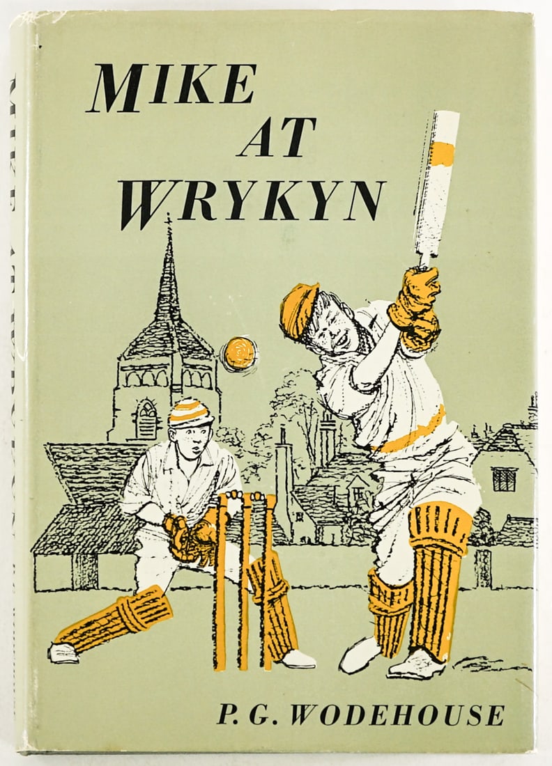 Mike at the Wrykyn by P. G. Wodehouse 1953 1st US: Mike at the Wrykyn by P. G. Wodehouse. Meredith Press 1953 1st U.S. edition with clipped dust jacket. 235 pp. Green cloth covers. Lot measures 8.25 in. H x 5.75 in. W x 1 in. D for shipping purposes o