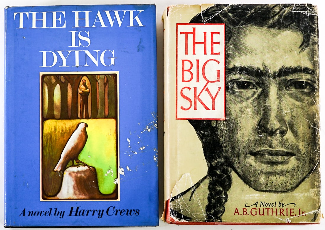 1st 1st Edition (2) Books: 1) The Hawk is Dying by Harry Crews. Alfred A. Knopf 1973 with clipped dust jacket. 2) The Big Sky by A. B. Guthrie, Jr. Riverside Press 1947 with unclipped dust jacket. Lot measures 8.25 in. H x 6 in