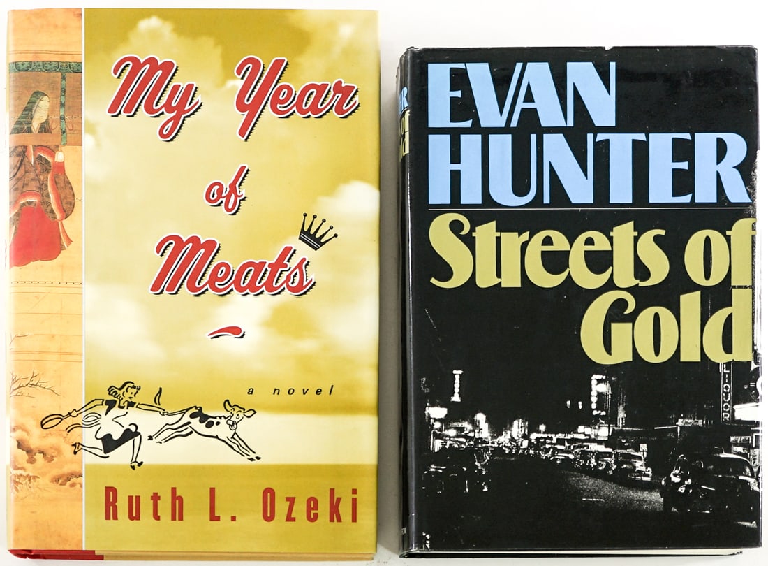 Author SIGNED (2) Books: 1) Streets of Gold by Evan Hunter. Harper and Row 2004 1st with unclipped dust jacket 2) My Year of Meats by Ruth L. Ozeki. Viking 1998 1st with unclipped dust jacket. Lot measures 9.25 in. H x 6.5 in