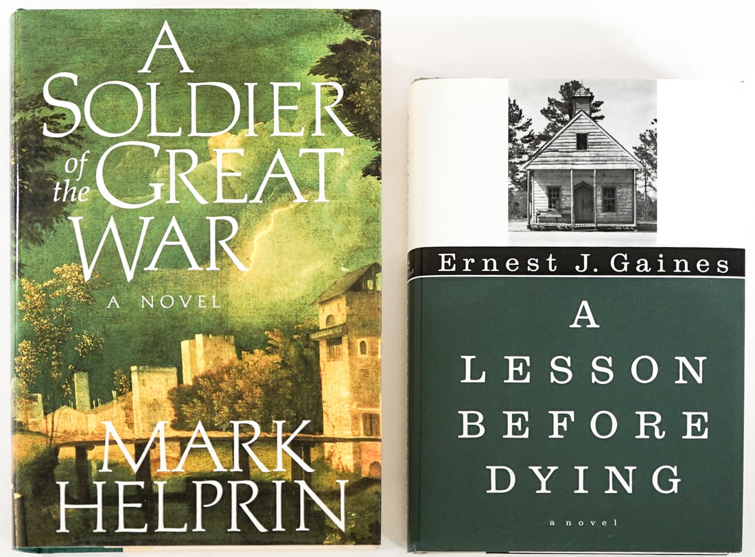 Author SIGNED w/ Inscription (2) Books: 1) A Lesson Before Dying by Ernest J. Gaines. Alfred A. Knopf 1993 1st with unclipped dust jacket. 2) A Soldier of the Great War by Mark Helprin. HBJ 1991 1st with unclipped dust jacket. Lot measures 