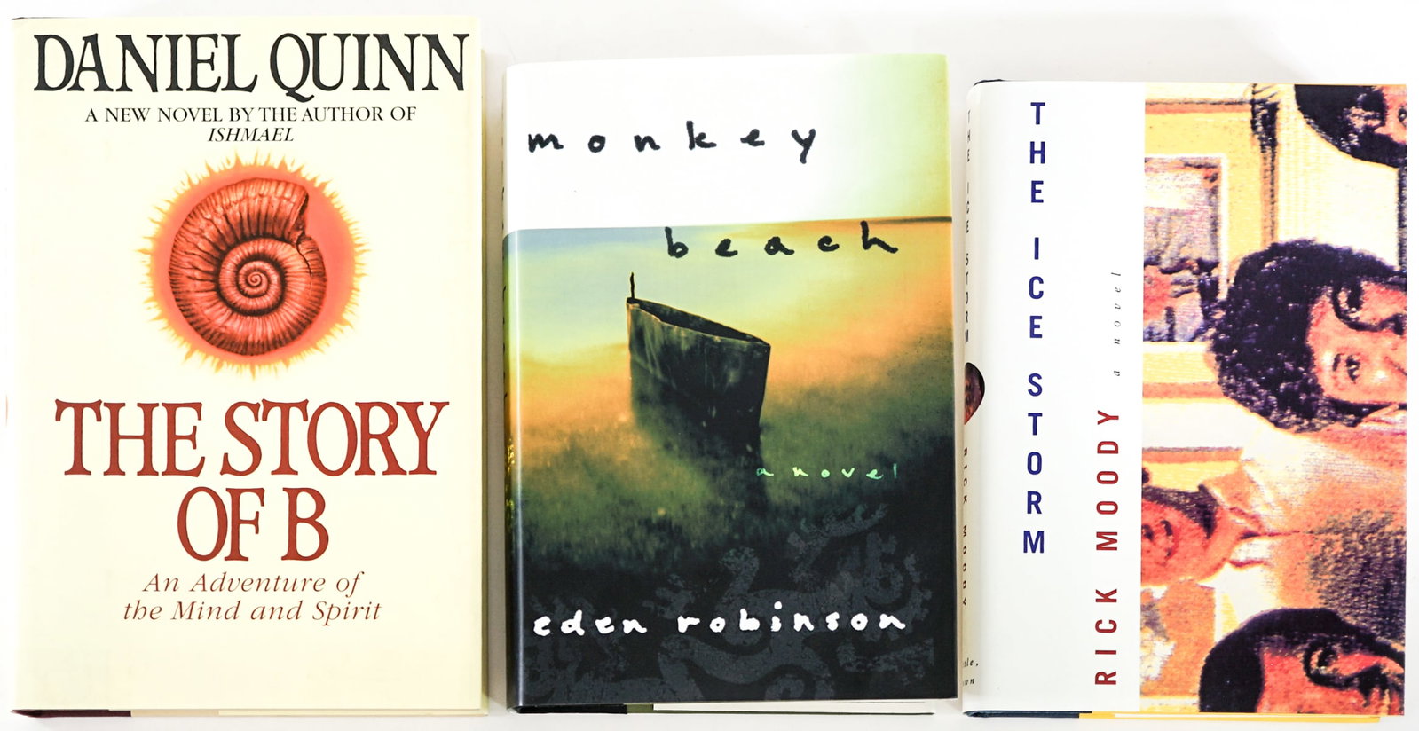 Author SIGNED (3) Books [Daniel Quinn]: 1) The Story of B by Daniel Quinn. 1996. 2) The Ice Storm by Rick Moody. 1994 1st. 3) Monkey Beach by Eden Robinson. 2000. Lot measures 9.25 in. H x 6.25 in. W x 3.5 in. D for shipping purposes only.
