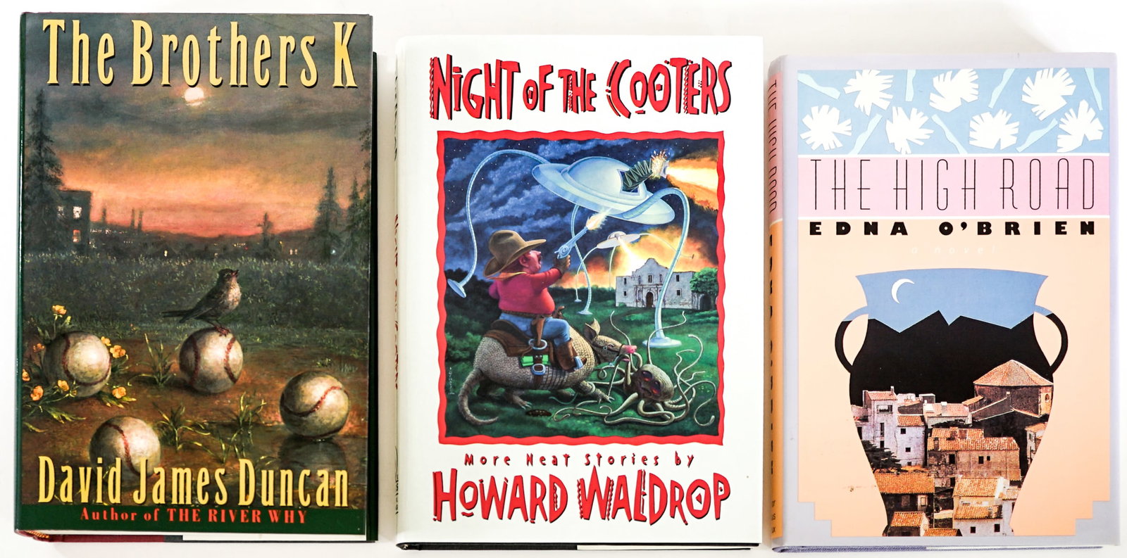 Author SIGNED w/ Inscription (3) Books: 1) Night of the Cooters by Howard Waldrop. Ursus 1990 1st. 2) The High Road by Edna O'Brien. Farrar Straus Giroux 1988 1st. 3) The Brothers K by David James Duncan. Doubleday 1992 1st. Lot measures 9.