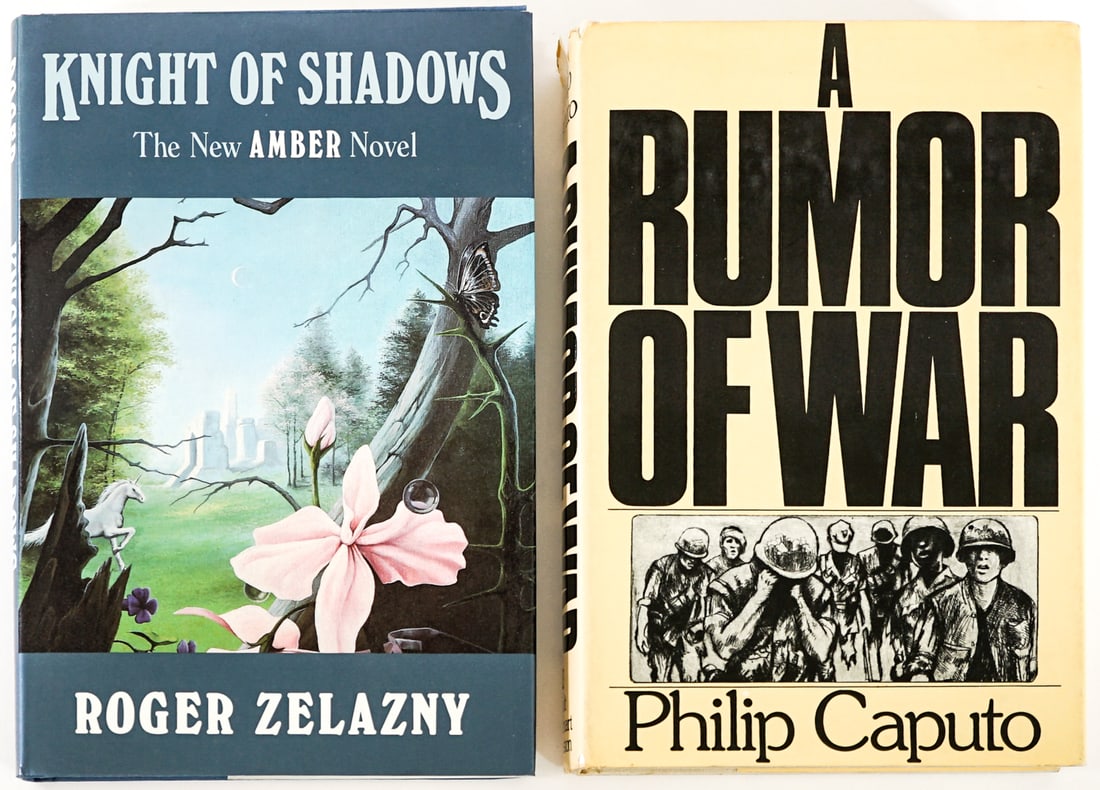 Author SIGNED w/ Inscription (2) Books: 1) Knight of Shadows by Roger Zelazny. William Morrow 1989 1st. 2) A Rumor of War by Philip Caputo. Holt, Rinehart and Winston 1977 1st. Lot measures 9.5 in. H x 6.25 in. W x 2 in. D for shipping