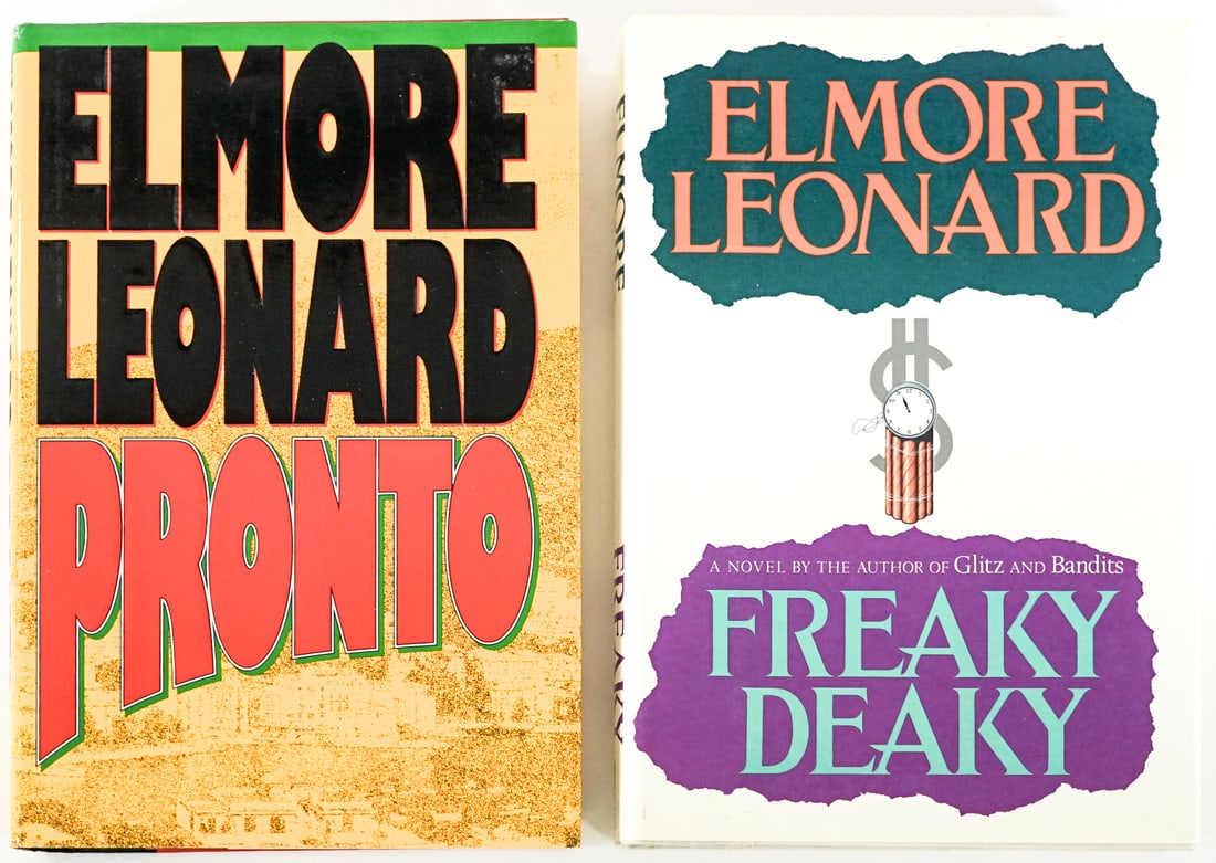 Elmore Leonard (2) SIGNED Books: 1) Freaky Deaky signed on title page. Arbor House 1988 with unclipped dust jacket. 2) Pronto signed on title page. Delacorte Press 1993 with unclipped dust jacket. Lot measures 9.5 in. H x 6.5 in. W