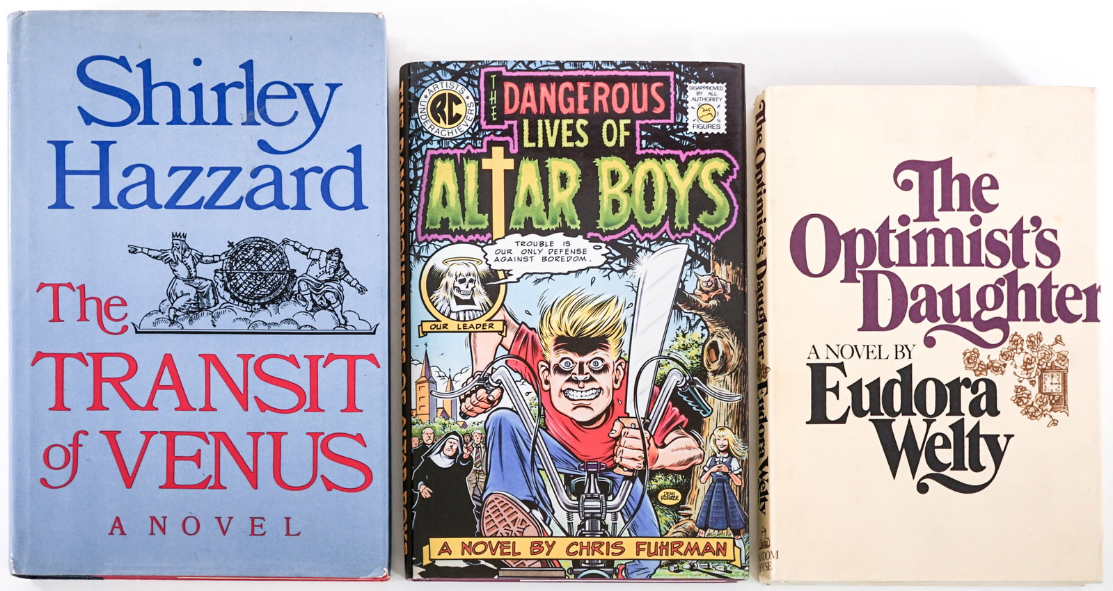 First Edition (3) Books: 1) Dangerous Lives of Altar Boys by Chris Fuhrman. 1994 with unclipped dust jacket. 2) The Transit of Venus by Shirley Hazzard. 1980 with unclipped dust jacket. 3) The Optimist's Daughter by Eudora We