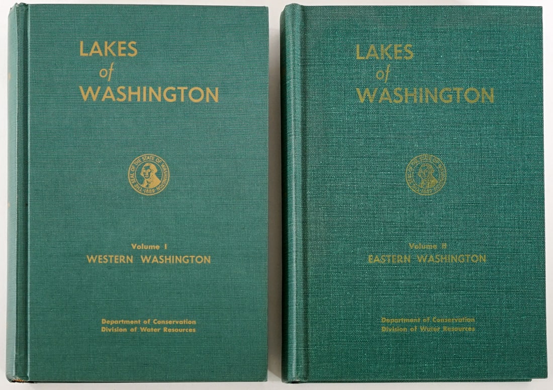 Lakes of Washington (2V) by Wolcott: Lakes of Washington by Ernest E. Wolcott. Department of Conservation. Olympia 1961 and 1964. Illustrated. Lot measures 9.25 in. H x 6.5 in. W x 3.25 in. D for shipping purposes only. The absence of a 
