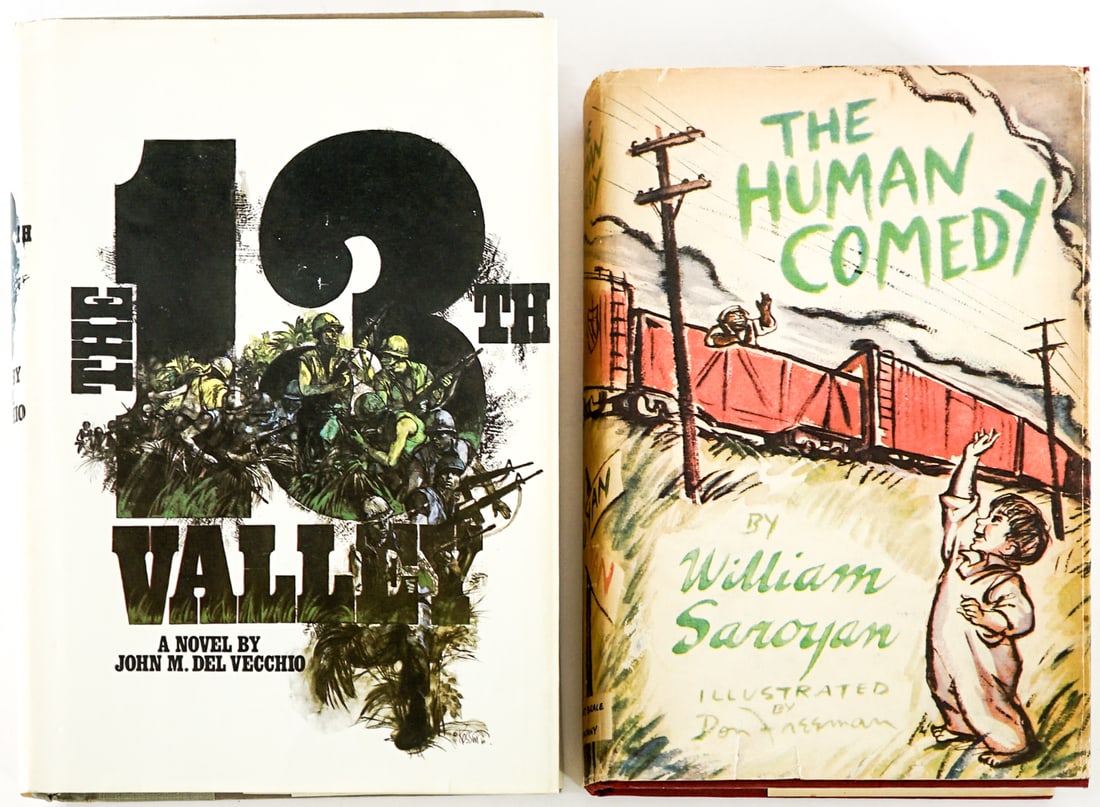 First Edition (2) Books: 1) The Human Comedy by William Saroyan. Harcourt, Brace 1943 1st with clipped dust jacket. 2) The 13th Valley by John M. Del Vecchio. Bantam 1982 1st with clipped dust jacket. Lot measures 9.25 in. H