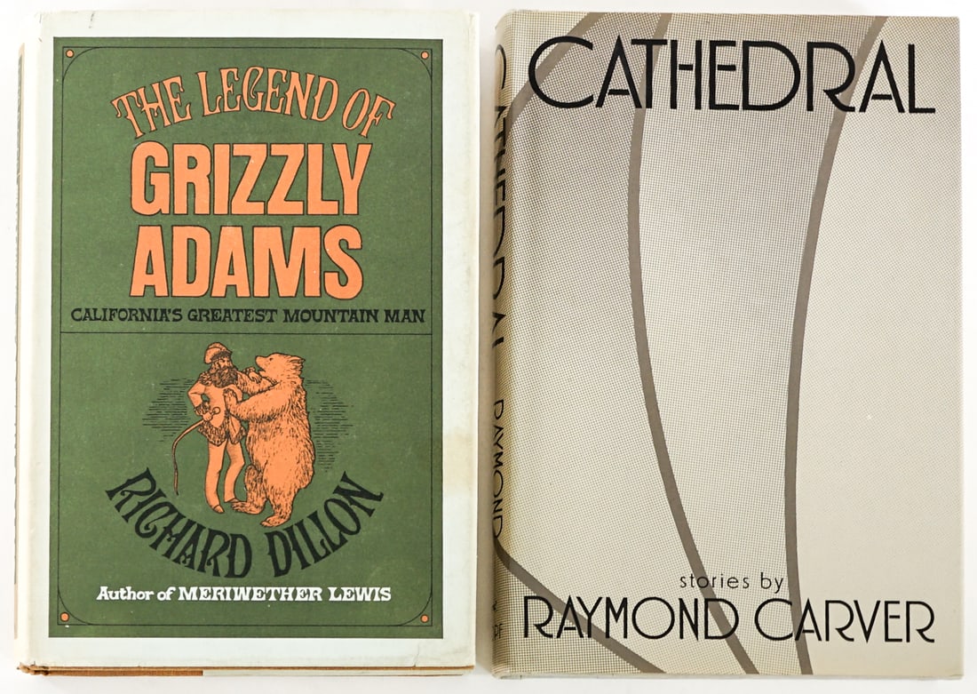 First Edition (2) Books [Grizzly Adams]: 1) The Legend of Grizzly Adams by Richard Dillon. Coward McCann 1966 with clipped dust jacket. 2) Cathedral by Raymond Carver. Alfred A. Knopf 1983 with unclipped dust jacket. Lot measures 8.75 in. H 