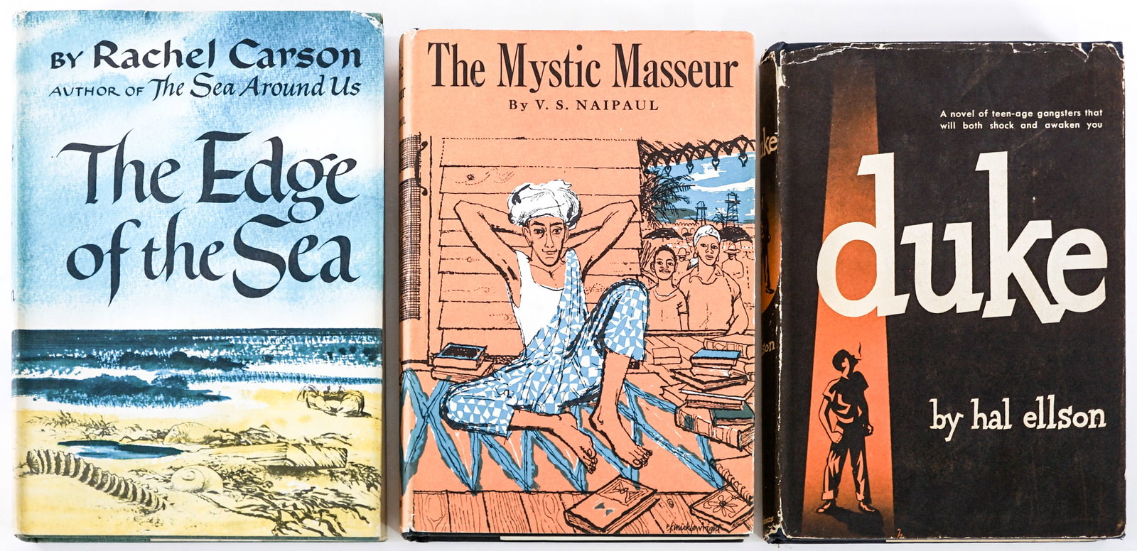 First Edition (3) Books: 1) Duke by Hal Ellson. Scribner's 1949 with unclipped dust jacket. 2) The Mystic Masseur by V. S. Naipaul. Vanguard Press 1959 with unclipped dust jacket. 3) The Edge of the Sea by Rachel Carson. Houg