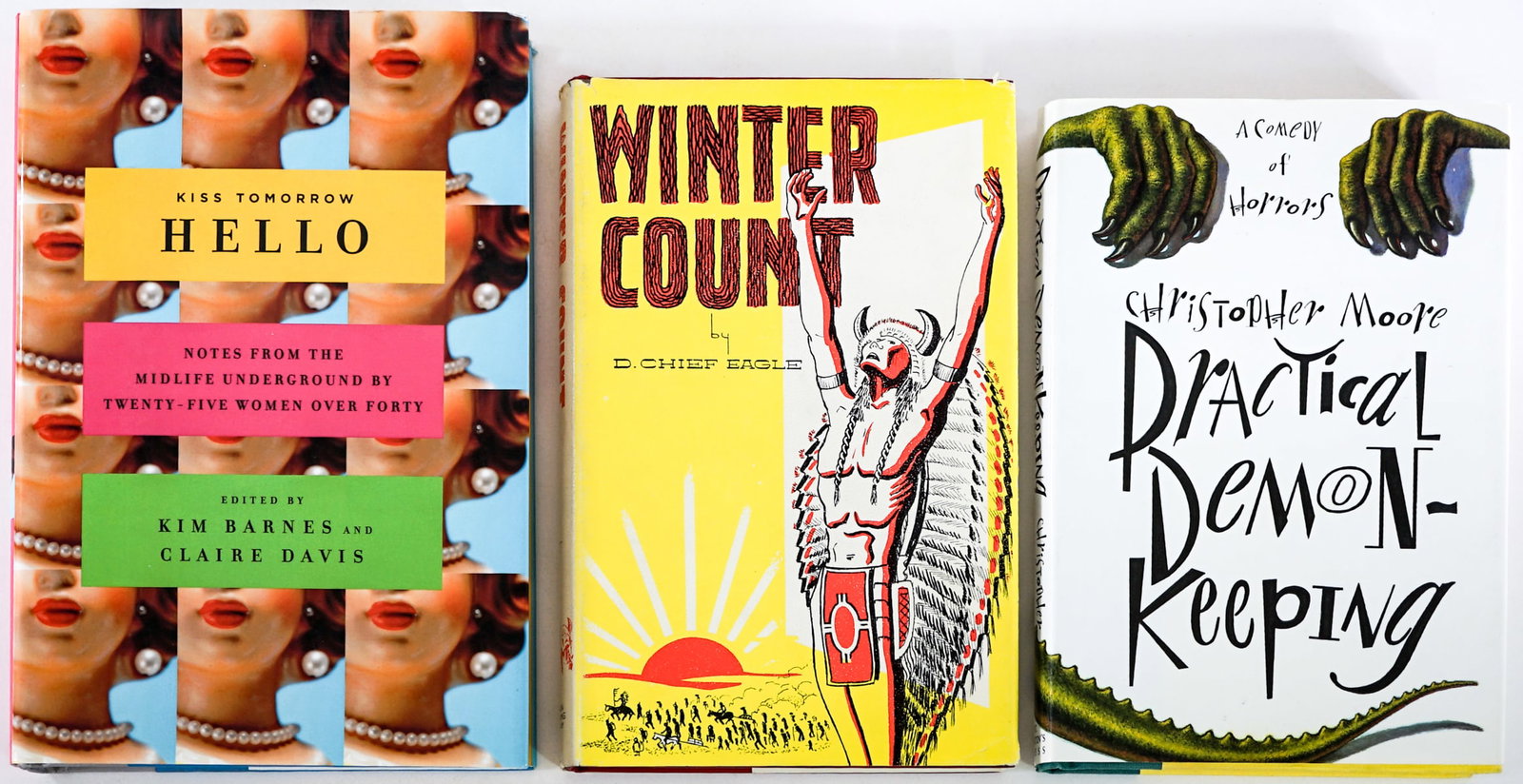 Author SIGNED w/ Inscription (3) Books: 1) Practical Demon-Keeping by Christopher Moore. St. Martin's Press 1992 1st with unclipped dust jacket. 2) Winter Count by D. Chief Eagle. Johnson Publishing 1967 with unclipped dust jacket. 3) Kiss 