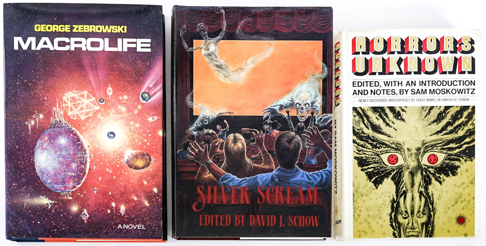 Sci Fi - Horror (3) Author SIGNED Books: 1) Macrolife by George Zebrowski #10 of 250 Presentation Copies. Harper and Row 1979 1st with unclipped dust jacket. 2) Silver Scream. Dark Harvest 1988 1st with unclipped dust jacket. 3) Horrors Unkn