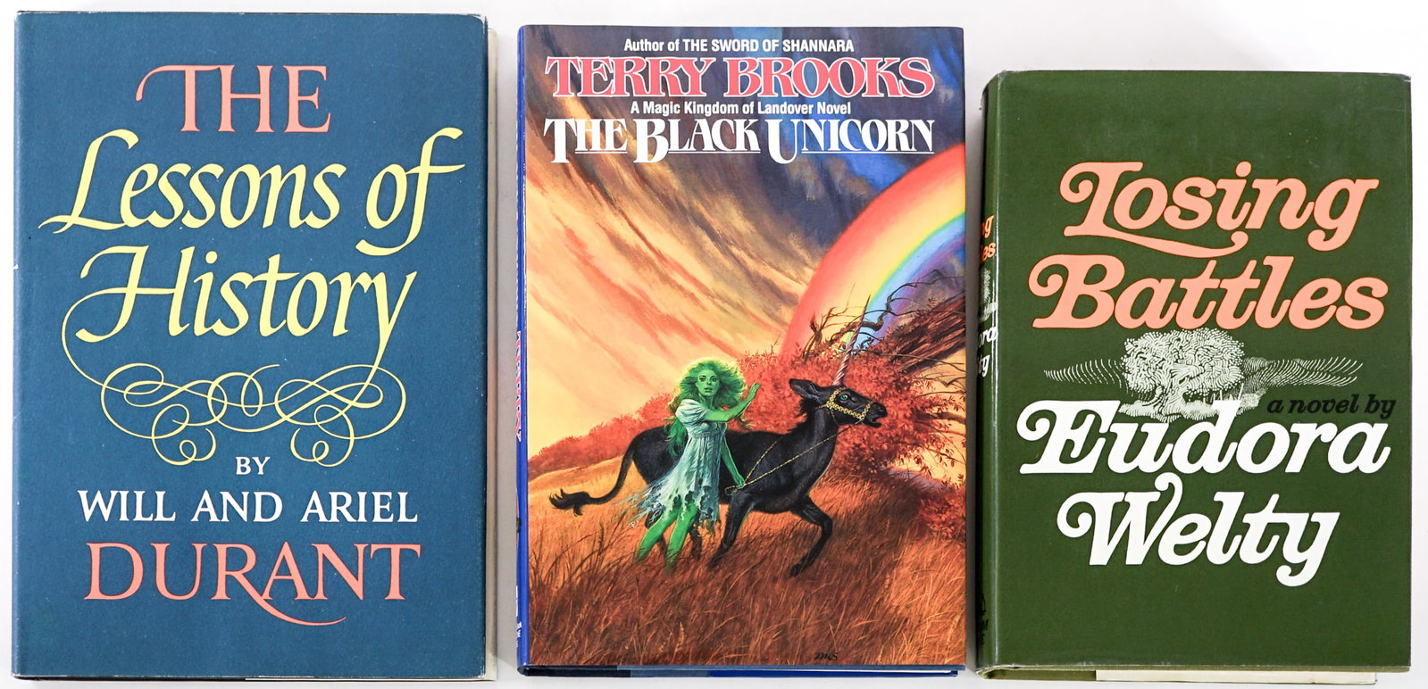 Author (3) SIGNED w/ Inscription Books: 1) The Black Unicorn by Terry Brooks. Del Rey 1987 1st with unclipped dust jacket. 2) The Lessons of History by Will and Ariel Durant. Simon and Schuster 1968 5th printing with unclipped dust jacket. 