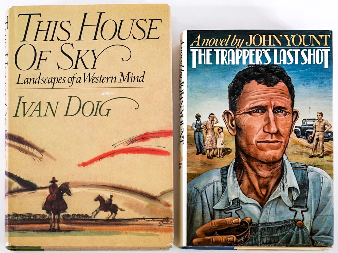 Author (2) SIGNED w/ Inscription Novels: 1) The Trapper's Last Shot by John Yount. Random House 1973 1st with clipped dust jacket. 2) This House of Sky by Ivan Doig. HBJ 1978 1st with unclipped dust jacket. Lot measures 9.5 in. H x 6.5 in. W