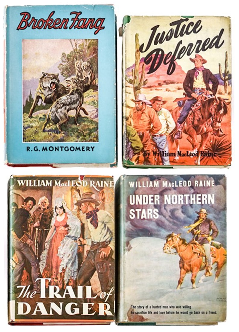 Western (3) W. M. Raine Books and Broken Fang: 1) Broken Fang by R. G. Montgomery. M. A. Donohue 1935 with unclipped dust jacket. 2) Three (3) books by William MacLeod Raine all with unclipped dust jackets include: Under Northern Stars 1943; Justi