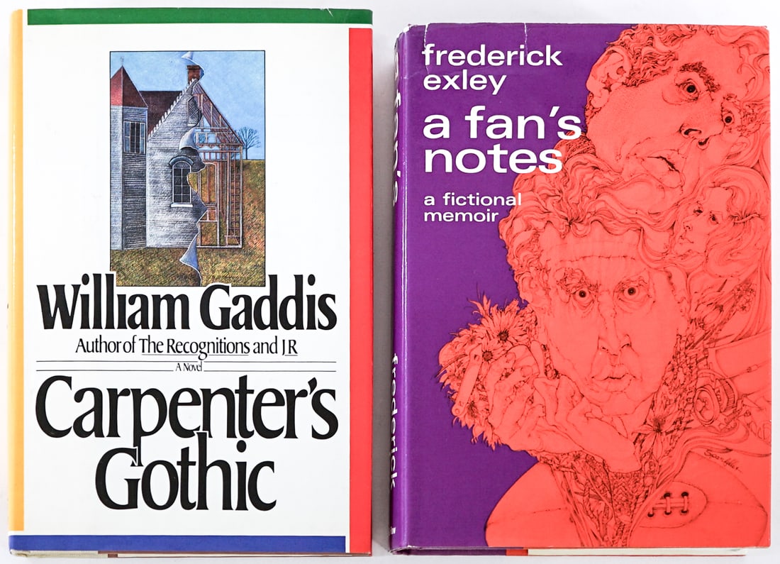 First Editions (2) Books [Gaddis; Exley]: 1) A Fan's Notes by Frederick Exley. Harper and Row 1968 with unclipped dust jacket. 2) Carpenter's Gothic by William Gaddis. Viking 1985 with unclipped dust jacket. Lot measures 8.75 in. H x 5.75 in.