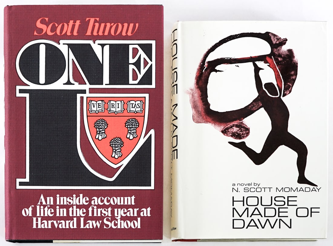 Author SIGNED w/ Inscription (2) 1st Ed. Books: 1) One L by Scott Turow. G. P. Putnam's 1977 with unclipped dust jacket. 2) House Made of Dawn by N. Scott Momaday. Harper and Row 1968 with unclipped dust jacket. Lot measures 8.75 in. H x 6 in. W x 