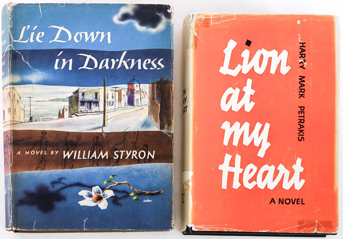 Author SIGNED w/ Inscription (2) Books [Styron]: 1) Lie Down in Darkness by William Styron. Bobbs-Merrill 1951 1st with clipped dust jacket. 2) Lion at My Heart by Harry Mark Petrakis. Atlantic Monthly Press 1959 1st with clipped dust jacket. Lot me