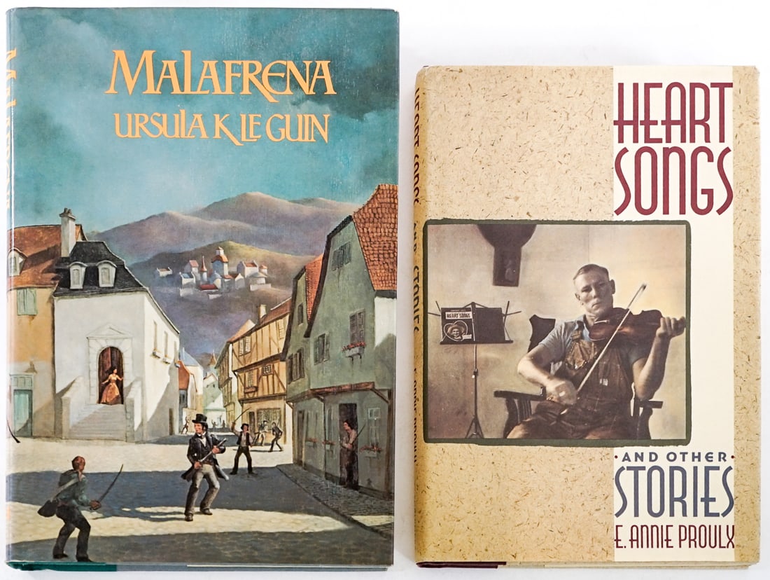 Author (2) SIGNED w/ Inscription [LeGuin; Proulx]: 1) Malafrena by Ursula K. LeGuin. G. P. Putnam's 1979 with unclipped dust jacket. 2) Heart Song and Other Stories by E. Annie Proulx. Charles Scribner's 1988 with unclipped dust jacket. Lot measures 9