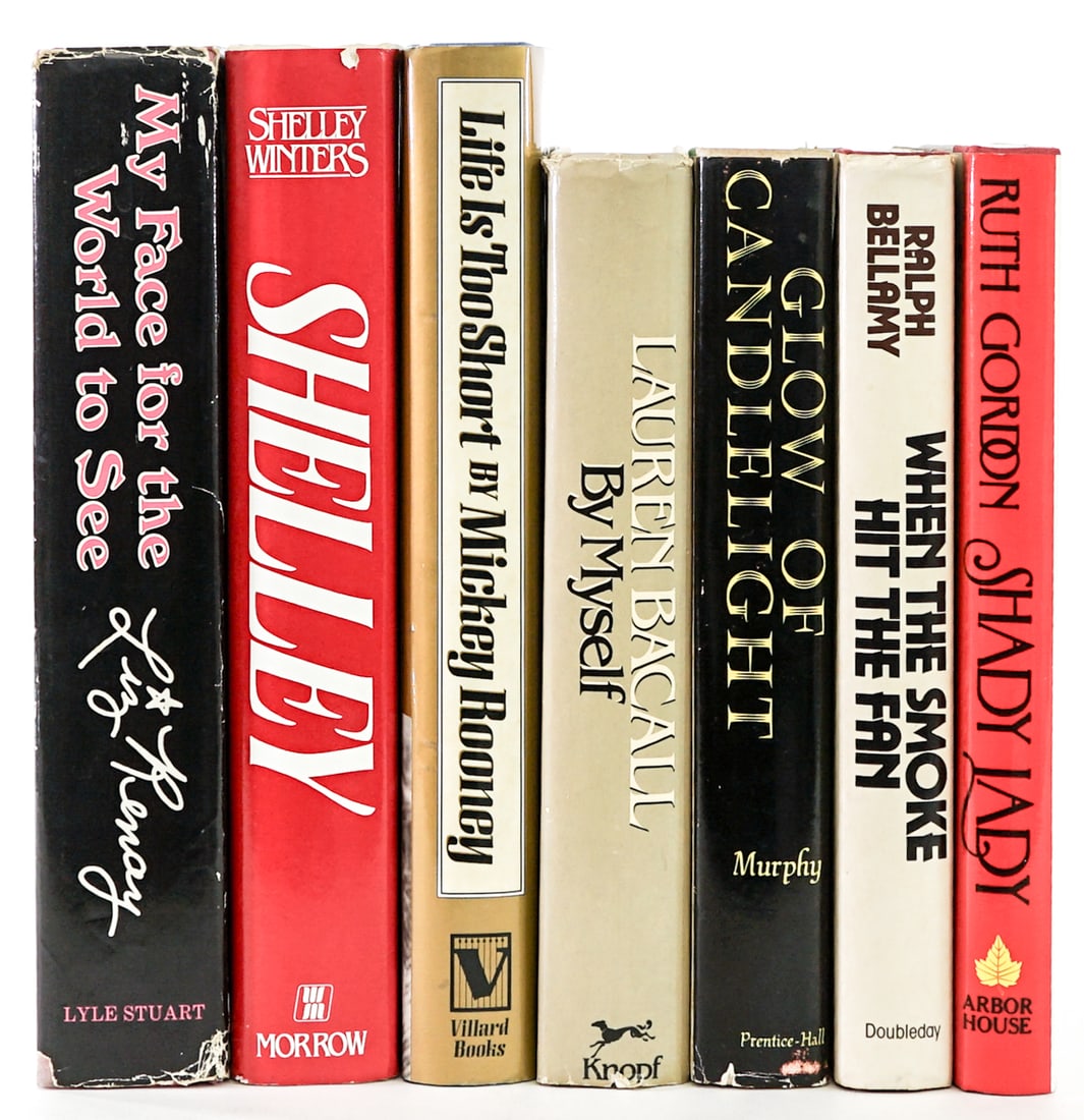 Celebrity (7) SIGNED Books: Seven (7) Celebrity signed books (may have inscriptions). Shelley Winters; Lauren Bacall; Ralph Bellamy; Patricia Murphy; Mickey Rooney; Liz Renay and Ruth Gordon. Lot measures 11 in. H x 7 in. W x 10