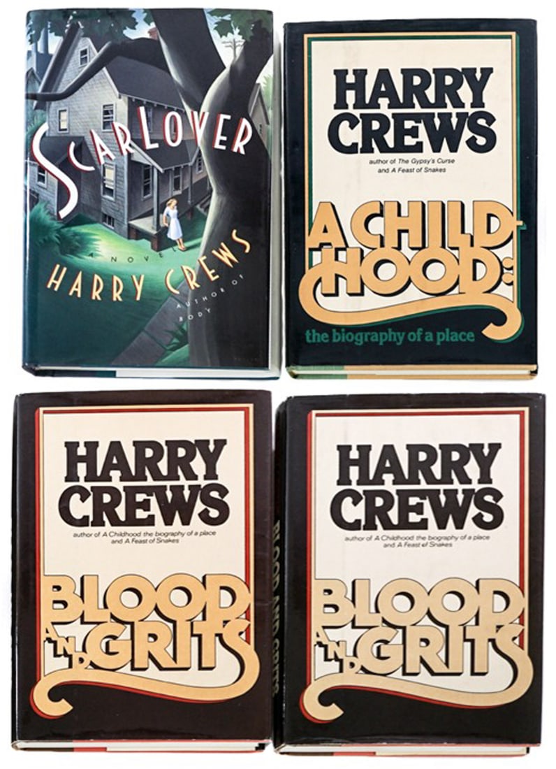 Harry Crews (4) Books [1 Scar Lover SIGNED]: 1) Scar Lover signed on title page. Poseidon 1992 with unclipped dust jacket. 2) A Childhood. Harper and Row 1978 with clipped dust jacket. 3) Two copies of Blood and Grits. Harper and Row 1st with un