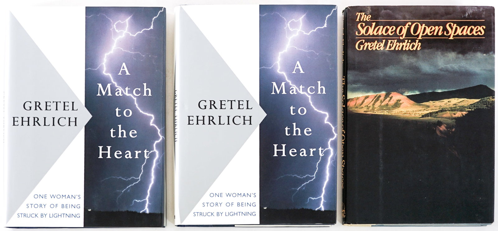 Gretel Ehrlich (3) SIGNED Books: 1) Two (2) copies of A Match to the Heart both signed, one with an inscription. Pantheon 1994 1st with unclipped dust jackets. 2) The Solace of Open Spaces signed with inscription. Viking 1985 1st wit