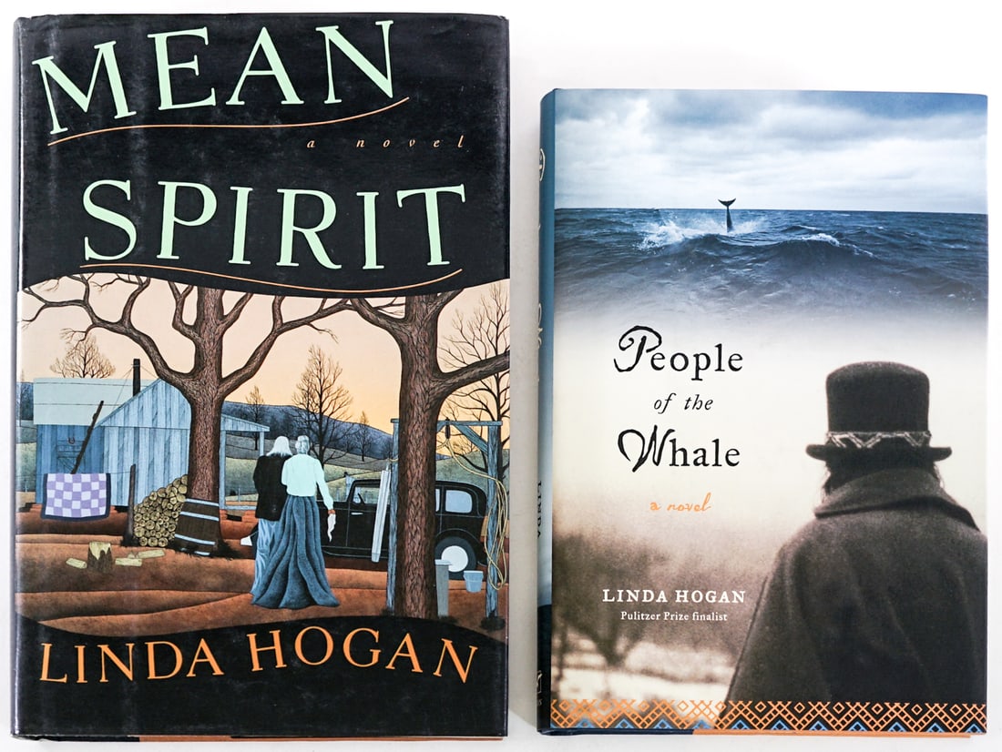 Linda Hogan (2) SIGNED Books: 1) People of the Whale. W. W. Norton 2008 with unclipped dust jacket. 2) Mean Spirit. Atheneum 1990 with unclipped dust jacket. Lot measures 9.5 in. H x 6.5 in. W x 2.5 in. D for shipping purposes onl