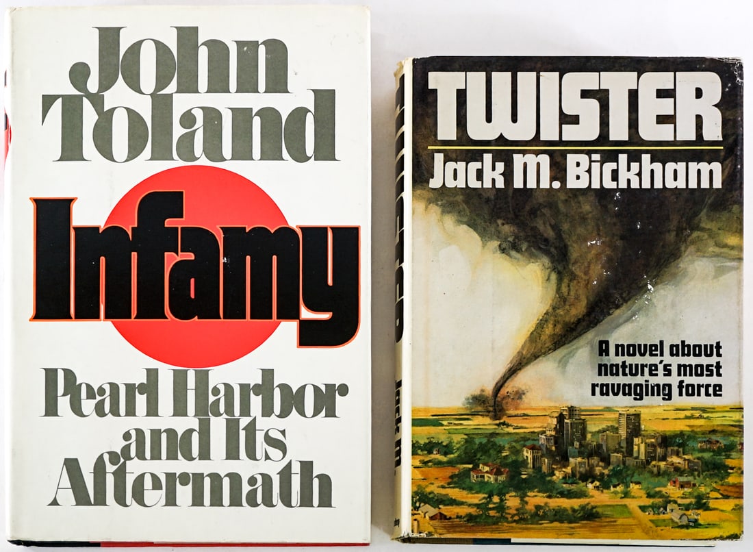 Author SIGNED (2) First Edition Books: 1) Twister by Jack M. Bickman. Doubleday 1976 with unclipped dust jacket. 2) Infamy by John Toland. Doubleday 1982 with clipped dust jacket. Lot measures 9.5 in. H x 6.5 in. W x 2.75 in. D for shippin