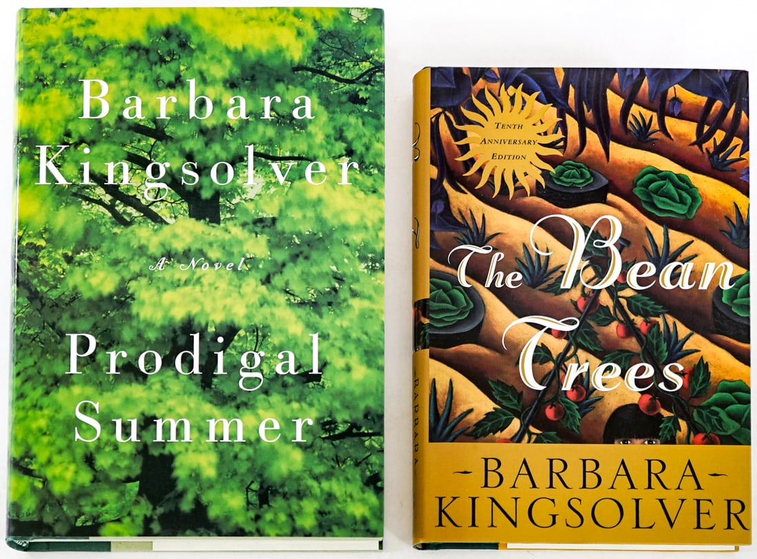Barbara Kingsolver (2) SIGNED Books: 1) The Bean Trees. Harper Flamingo1998 Tenth Anniversary Edition with unclipped dust jacket. 2) Prodigal Summer. Harper Collins 2000 1st with unclipped dust jacket. Lot measures 9.5 in. H x 6.5 in. W 