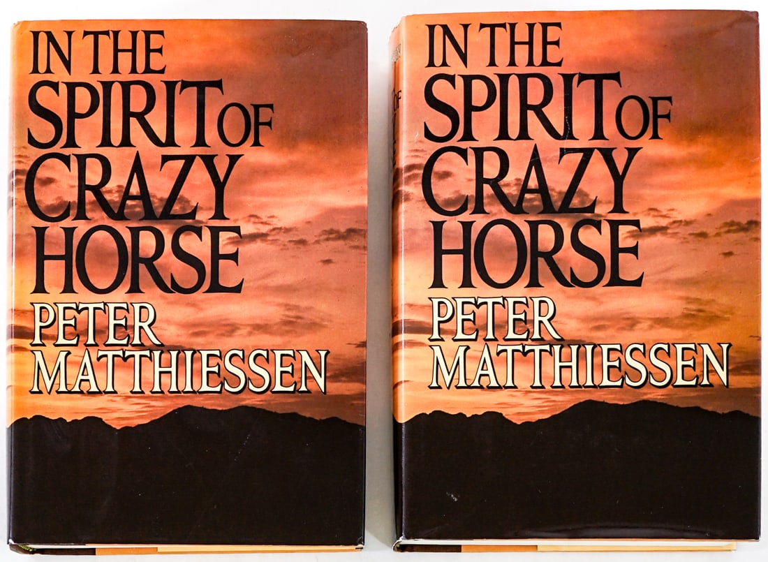 Spirit of Crazy Horse (2) Matthiessen SIGNED: Two copies of The Spirit of Crazy Horse by Peter Matthiessen both signed with inscription. Viking 1983 1st. One with a clipped dust jacket. Lot measures 9.5 in. H x 6.5 in. W x 4 in. D for shipping pu