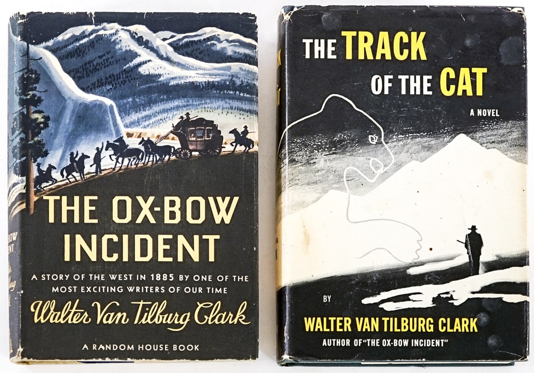 Walter Van Tilburg Clark (2) SIGNED Books: 1) The Ox-Bow Incident. Random House 1940 3rd printing with clipped dust jacket. 2) The Track of the Cat. Random House 1949 1st with unclipped dust jacket. Lot measures 8.5 in. H x 6 in. W x 3 in. D f