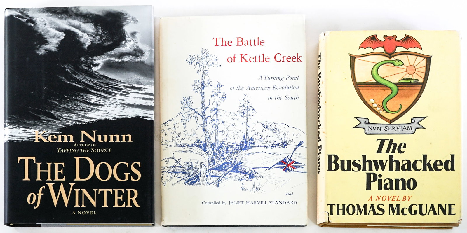 Author SIGNED w/ Inscription (3) Books: 1) The Dogs of Winter by Kem Nunn. Scribner 1997 with unclipped dust jacket. 2) The Battle of Kettle Creek compiled by Janet Harvill Standard. Wilkes Publishing 1973. 3) The Bushwhacked Piano by Thoma