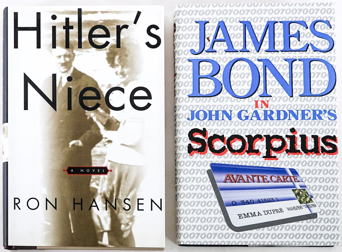 Author SIGNED (2) Books [John Gardener]: 1) James Bond Scorpius by John Gardener signed with inscription. Stoddart 1988 1st with unclipped dust jacket. 2) Hitler's Niece by Ron Hansen signed with inscription. Harper Collins 1999 1st with unc