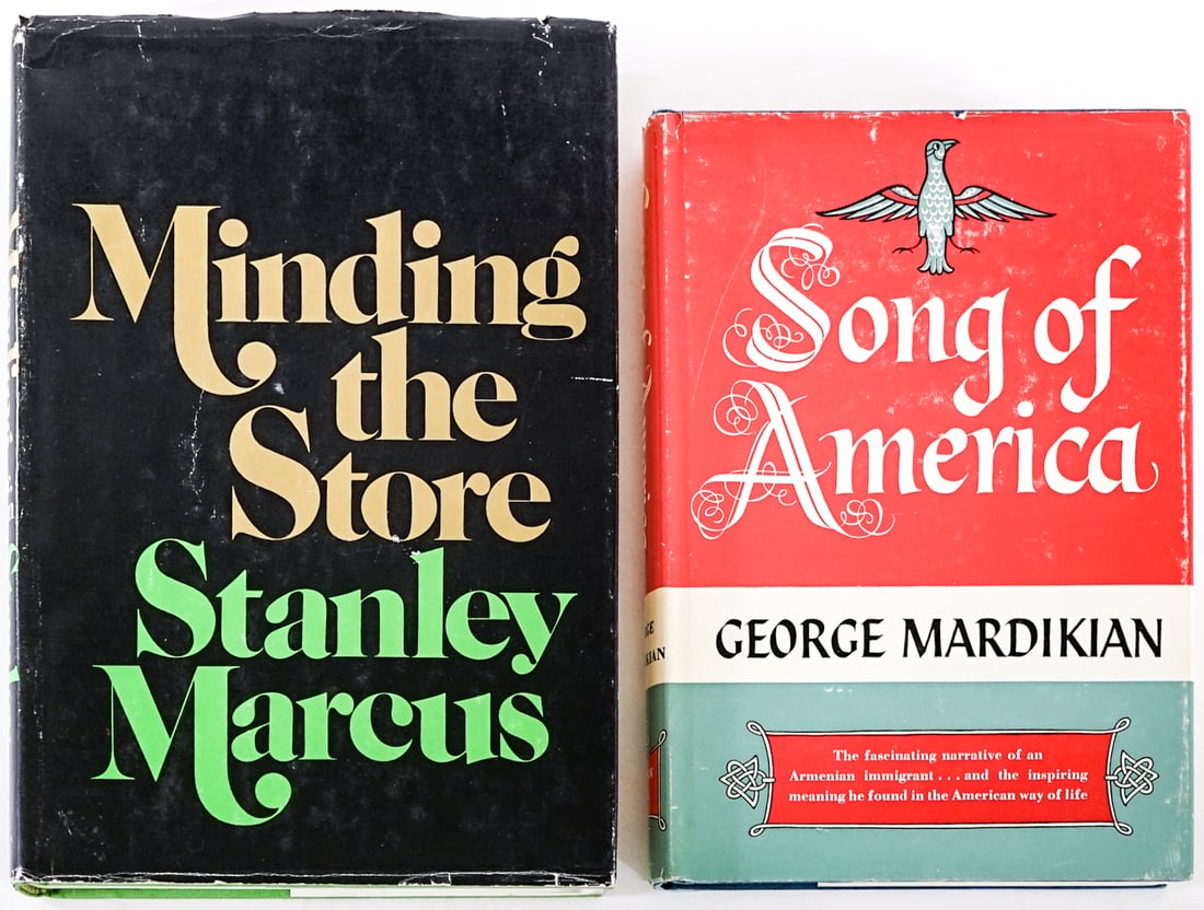 Author SIGNED (2) Books: 1) Song of America by George Mardikian signed with inscription. McGraw Hill 1956 8th printing with unclipped dust jacket. 2) Minding the Store by Stanley Marcus signed. Little, Brown and Co, 1974 1st 