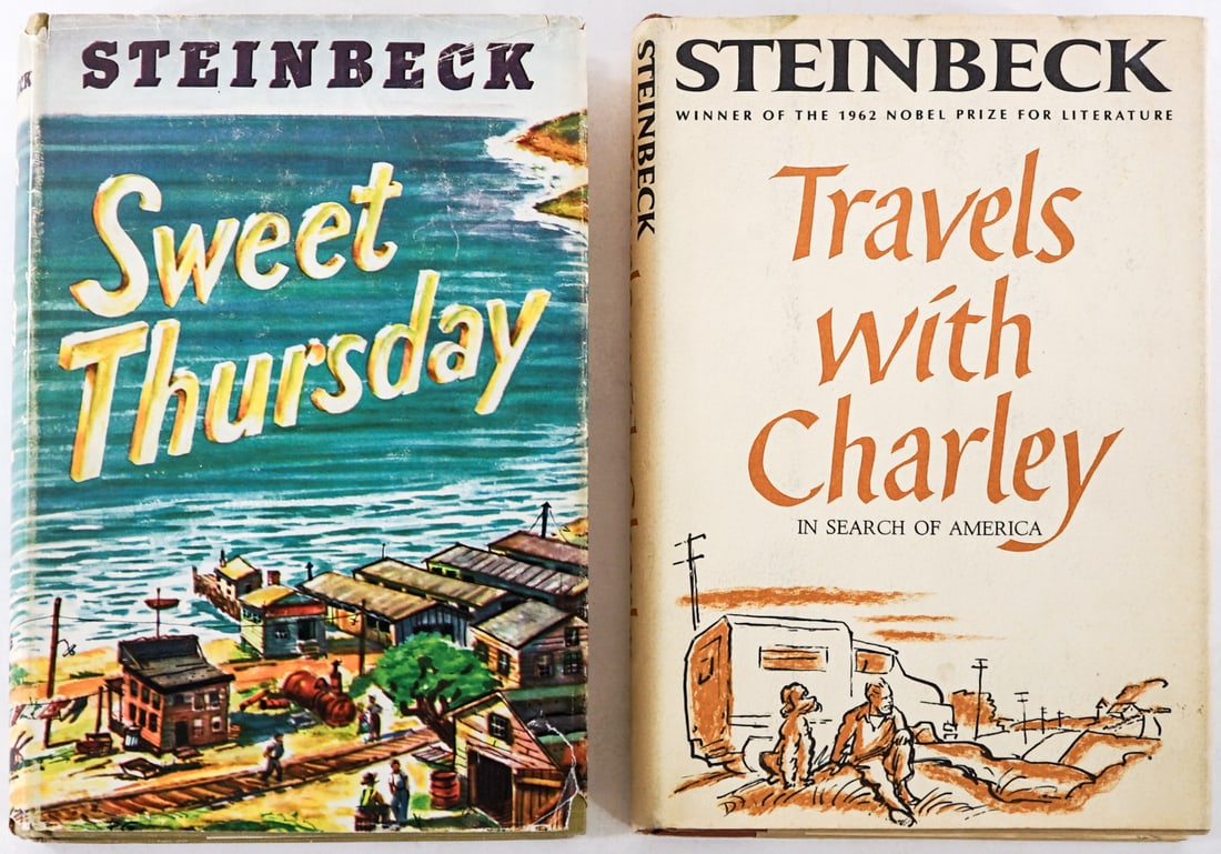 John Steinbeck (2) Books: 1) Travels with Charley. Viking 1962 with clipped dust jacket. 2) Sweet Thursday. Viking 1954 1st with clipped dust jacket. Lot measures 8.25 in. H x 5.75 in. W x 2.25 in. D for shipping purposes only