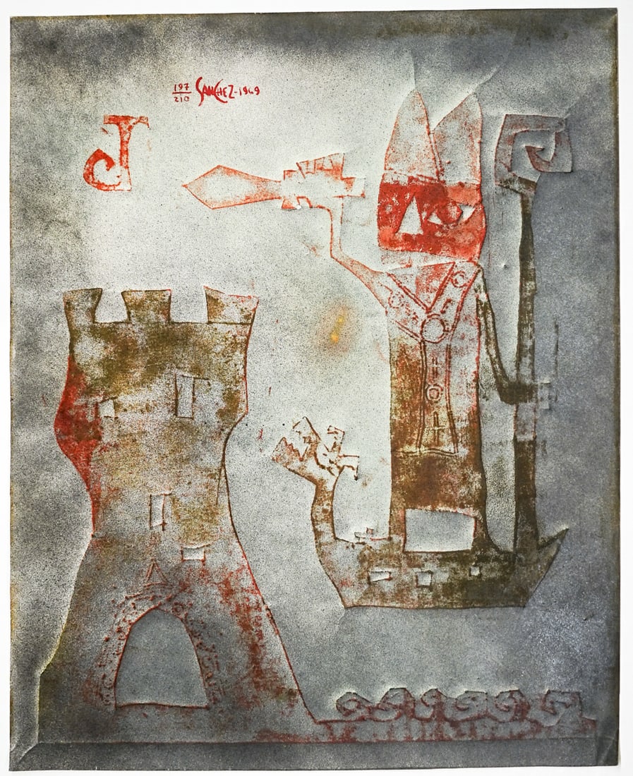Enrique Sanchez S/N Woodblock 1969: Enrique Sanchez (Mexican, b. 1938) embossed woodblock with hand-embellishments 'Reconquest of Ibiza' signed, dated 1969 and numbered 197/210 upper left. Sheet measures 23.625 x 19.625 in. Unframed, lo