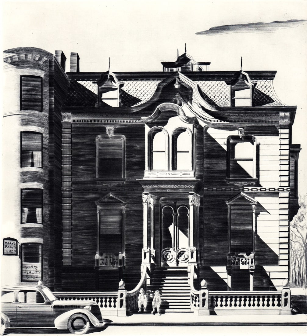 Lawrence Kupferman S/N Etching Victorian Mansion: Lawrence Kupferman Etching [Victorian Mansion]. Signed in pencil lower right. Numbered 8/100 lower left. Measures 15.625 x 12.875 inches plate size and 19.75 x 18 inches sheet size. Unframed, loose, n