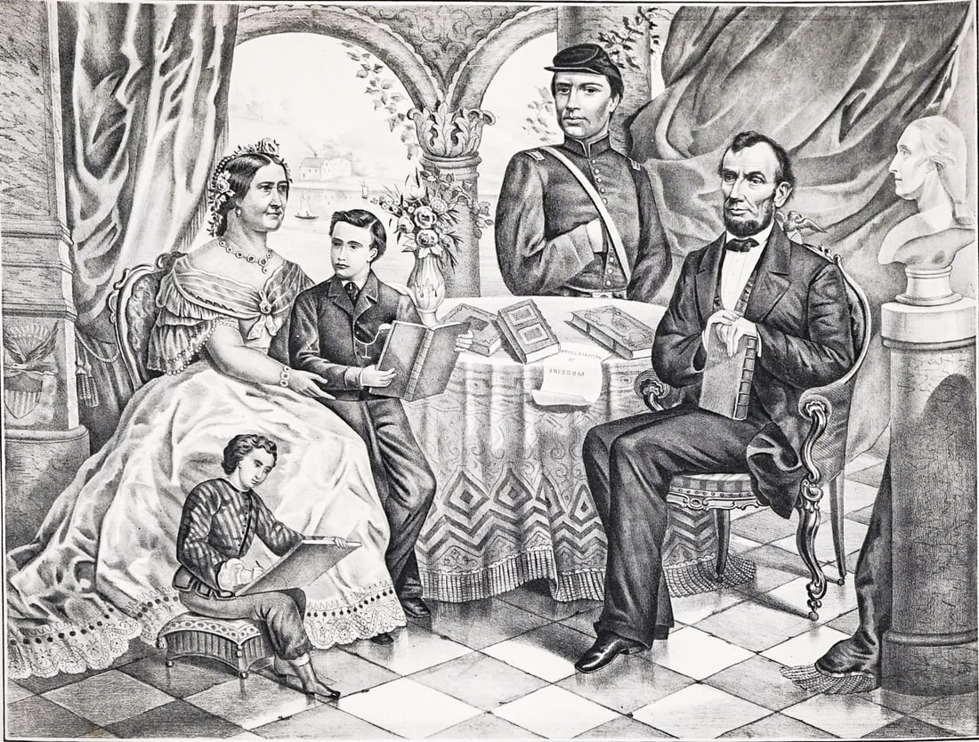 Lincoln and His Family Lithograph [ca. 1865]: Lincoln and His Family published by William Smith, Philadelphia. Sheet measures 24 x 30 in. Tears at edges outside of image. Unframed, loose, not glued down or mounted. Print lot measures 24.25 in. H 